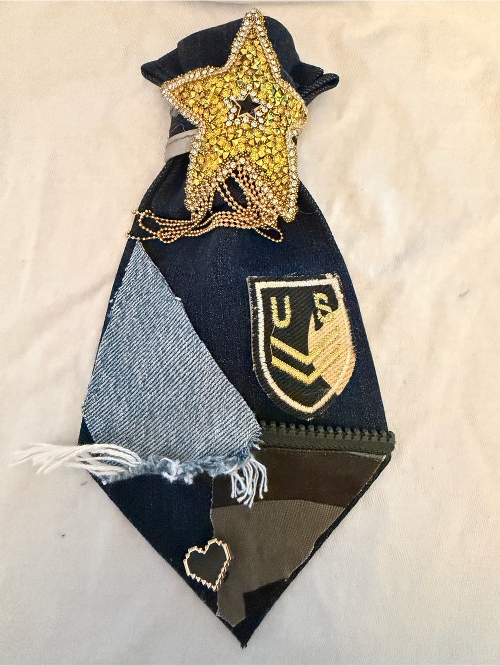 Women’s Upcycled Navy Patchwork Decorative Necktie with Gold Star Accent